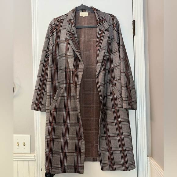 Melloday Plaid Longline  Blazer Coat Women’s Brown Checkered Fall Coat Size S - Picture 2 of 12